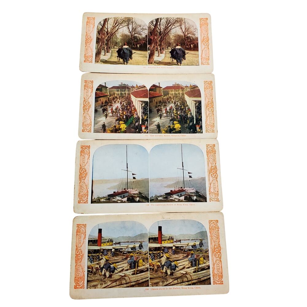 Antique World Series China Hong Kong Color Stereoview Lot of 4 Lighthouse